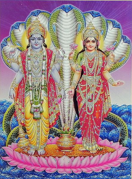 Vishnu Lakshmi on Lotus Protected by Sheshanaga - Glitter Poster