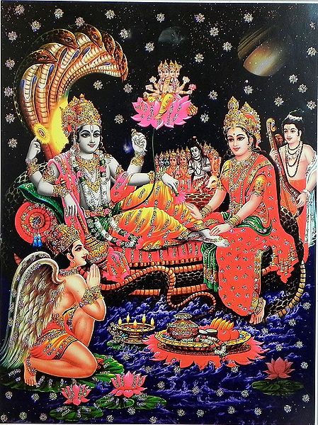 Brahma Emerging From The Navel of Vishnu with Lakshmi At His Feet - Glitter Poster