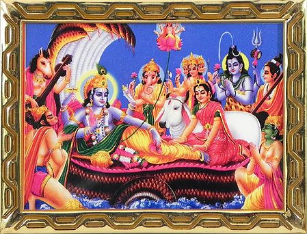 Vishnu with Lakshmi and Other Gods and Goddesses - Table Top Picture