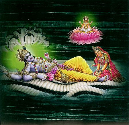 Vishnu with Lakshmi Protected by Seshnaga While Brahma Emerges on a Lotus from His Navel