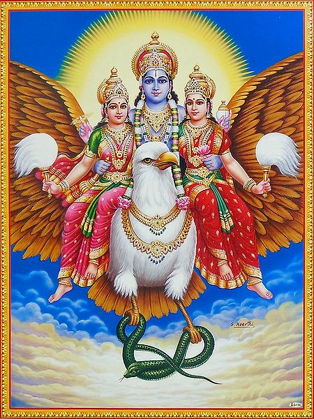 Vishnu with His Consorts Rohini and Satyabhama
