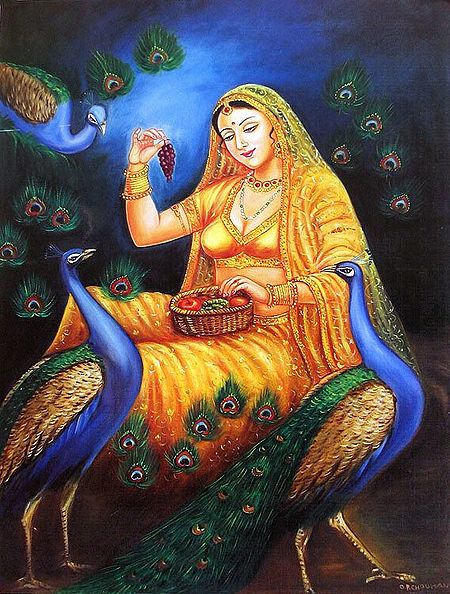 The Charming Rajput Princess Feeding the Peacocks