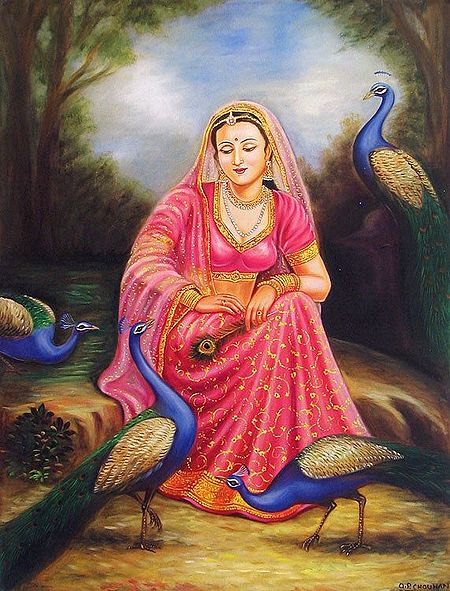 The Graceful Rajput Princess Playing with Peacocks