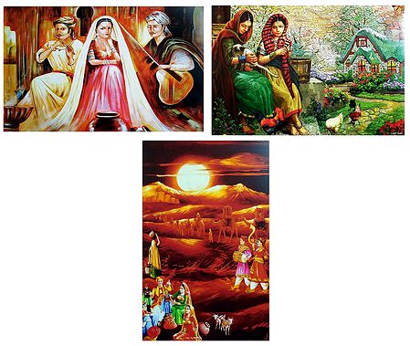 Musicians, Rajasthani People and Ladies in Front of Beautiful House - Set of 3 Posters