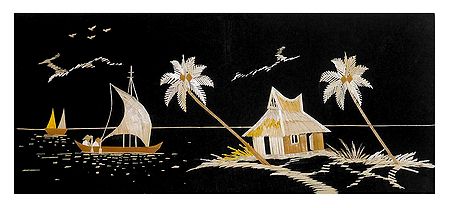 A Hut on the Riverside - Bamboo Strands Picture on Cardboard