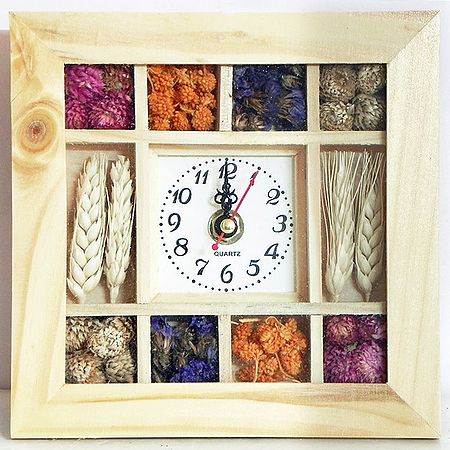 Square Wooden Wall Clock with Dry Flowers