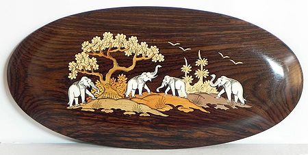 Elephant Family - Inlaid Rosewood Wall Hanging