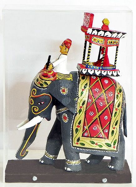 King Sitting on Royal Elephant with Mahut (Encased in a Acrylic Box) -Kondapalli Doll 