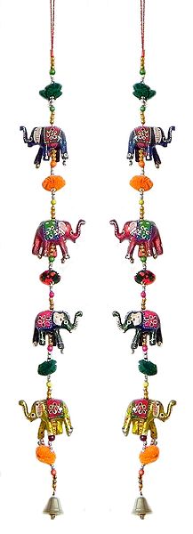 Pair of Colorful Wood Elephants with Beads - Wall Hanging