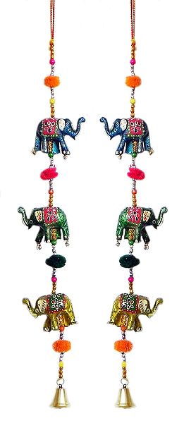 Set of 2 Colorful Wood Elephants with Beads - Wall Hanging