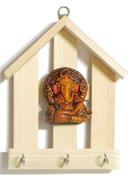 Hut Key Rack with Three Hooks and Terracotta Ganesha Figurine - Wall Hanging