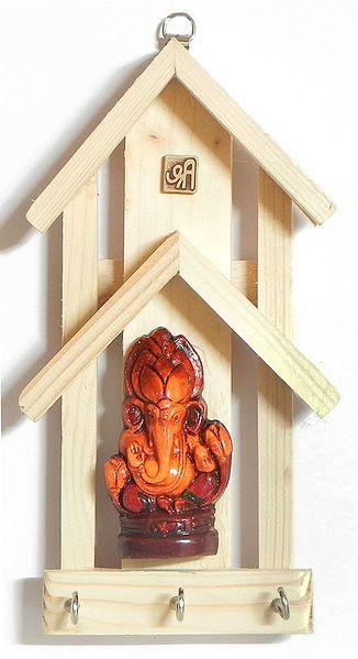 Double Hut Key Rack with Three Hooks and Terracotta Ganesha Figurine - Wall Hanging
