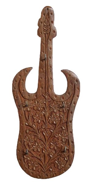 Wood Carved Guitar with 5 Hooks Key Hanger - Wall Hanging