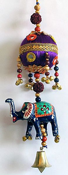 Hanging Elephant with Purple Thread Ball Decorated with Mirror,Sequin and Beads - Wall Hanging