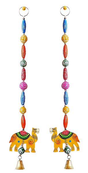 Pair of Hand Painted Hanging Camels with Colorful Wooden Beads - Wall Hanging