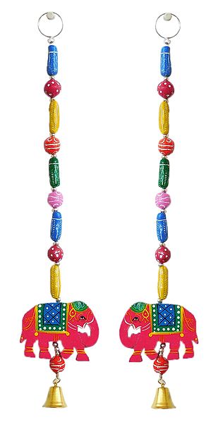 Set of 2 Hand Painted Hanging Elephants with Colorful Wooden Beads - Wall Hanging