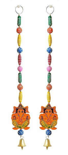 Set of 2 Hand Painted Hanging Ganesha with Colorful Wooden Beads - Wall Hanging