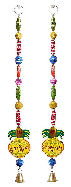 Pair of Hand Painted Hanging Om Kalash with Colorful Wooden Beads - Wall Hanging