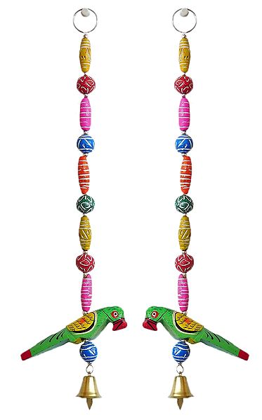 Set of 2 Hand Painted Hanging Parrots with Colorful Wooden Beads - Wall Hanging