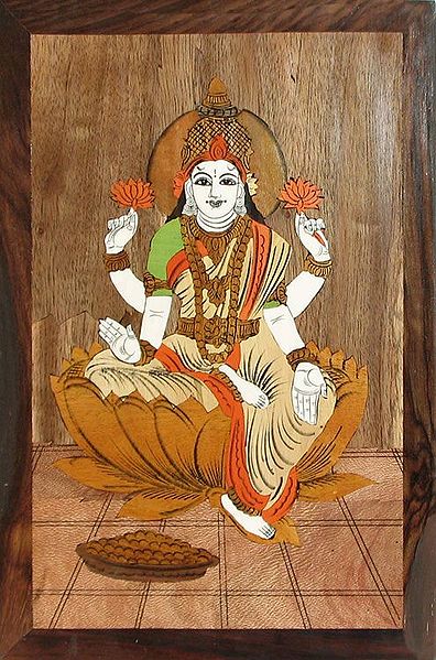 Wood Inlay of Goddess Lakshmi - Wall Hanging