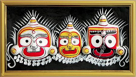 Faces of Jagannath, Balaram and Subhadra on Hardboard - Wall Hanging