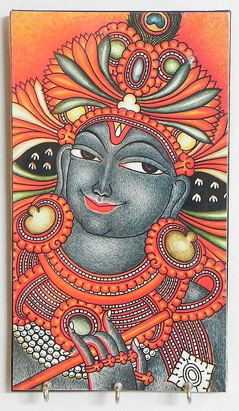 Krishna Mural Deco Painting on a Wooden Key Rack with Three Hooks - Wall Hanging