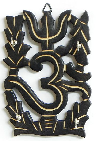 Om with Trident - Wood Carving Key with Four Key Hooks (Wall Hanging)