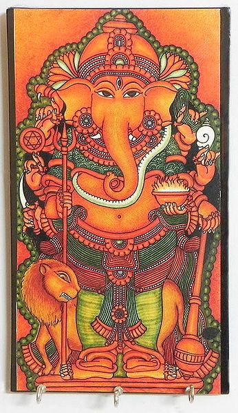 Ganesha Mural Deco Painting on a Wooden Key Rack with Three Hooks - Wall Hanging