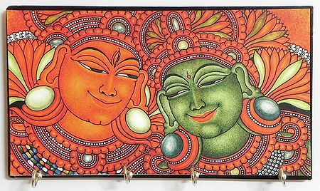 Shiva Parvati Mural Deco Painting on a Wooden Key Rack with Four Hooks - Wall Hanging