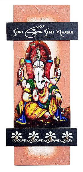 Ganesha Picture on Wooden Key Hanger with 4 Hooks - Wall Hanging
