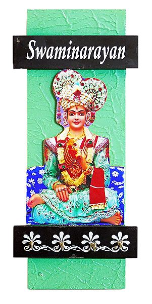 Swaminarayan Picture on Wooden Key Hanger with 4 Hooks - Wall Hanging