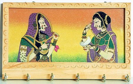 Crushed Real Gemstone Queen and Princess Painting Wooden Key Rack with Six Hooks - Wall Hanging