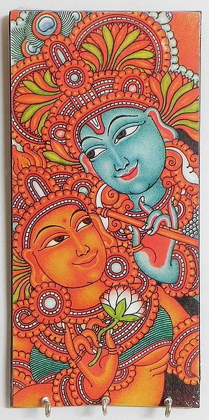 Radha Krishna Mural Deco Painting on a Wooden Key Rack with Three Hooks - Wall Hanging