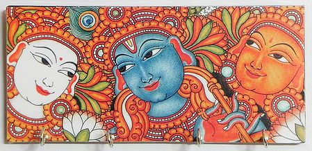 Radha Krishna and Gopini Mural Deco Painting on a Wooden Key Rack with Four Hooks - Wall Hanging