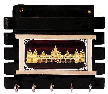 Mysore Palace on Paper Holder with Five Key Rack Hooks - Wall Hanging