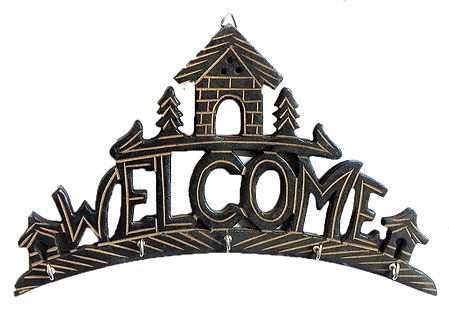 House with Welcome Key Rack with Five Hooks - Wall Hanging