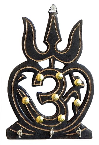 Wood Carved Om and Trident with Three Key Hooks (Wall Hanging)