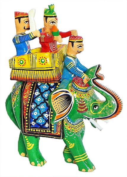 King Sitting on Royal Elephant with Bodyguard and Mahut - Kondapalli Doll 