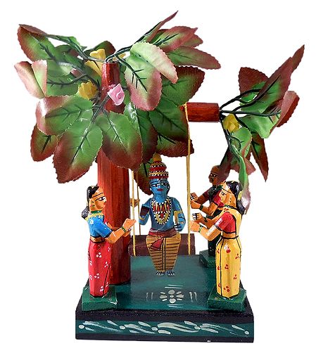 Krishna on a Swing Under Kadamba Tree with Gopinis - Kondapalli Doll