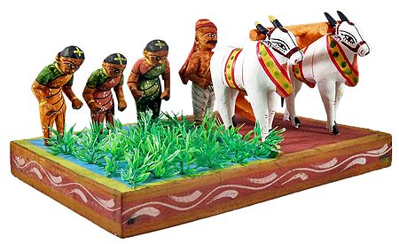 Farmer Ploughing and Women Sowing in the Field - Kondapalli Doll