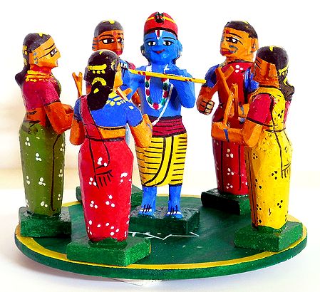 Krishna Playing Raas Lila with Gopinis - Kondapalli Dolls