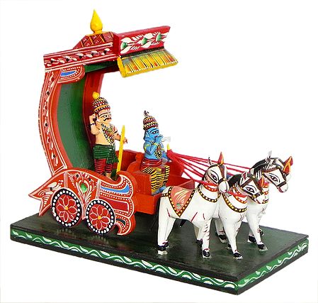 Krishna and Arjuna on a Chariot during Kurukshetra War in Mahabharata - Kondapalli Doll