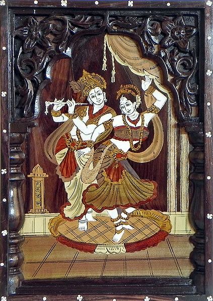 Radha Dances to the Tune of Krishna's Flute - Inlaid Rosewood Wall Hanging