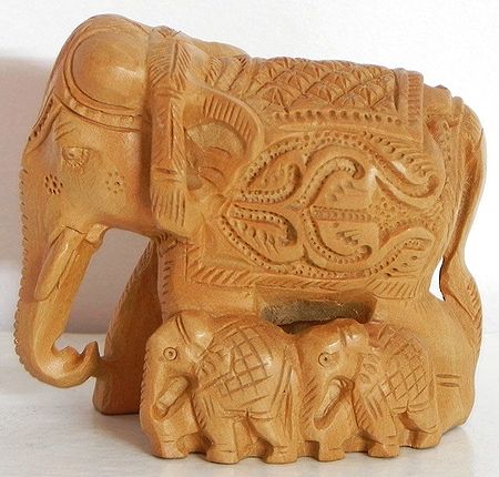 Intricately Wood Carved Elephant with Babies
