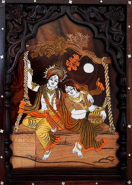 Radha Krishna on a Swing - Wood Inlaid Wall Hanging