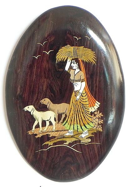Villge Girl with Two Goat - Inlaid Rosewood Wall Hanging
