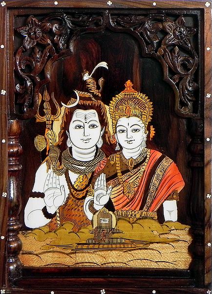 Shiva and Parvati - Inlaid Wood Wall Hanging