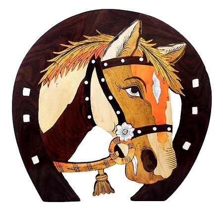 Horse Face on Horse Shoe - Inlaid Wood Wall Hanging