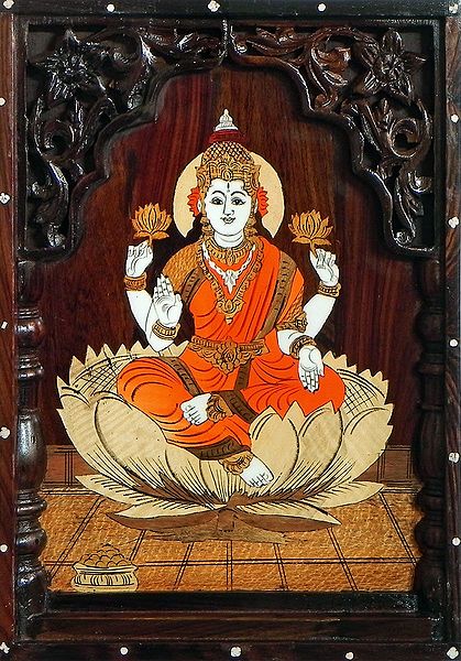 Goddess Lakshmi - Inlaid Wood Wall Hanging