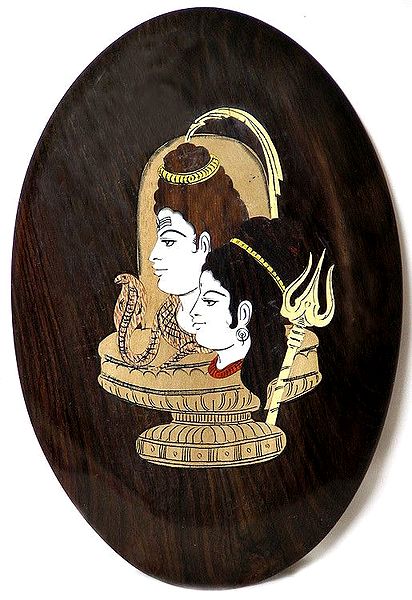 Wood Inlay of Shiva and Parvati - Wall Hanging